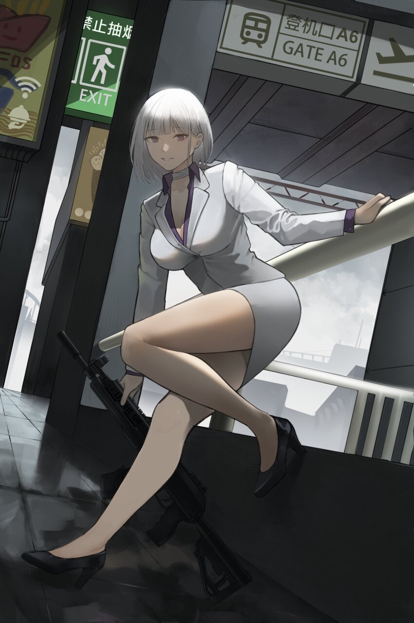 1girl absurdres bandaged_neck bandages business_suit drum_magazine formal_clothes girls&#039;_frontline grey_suit gun highres light_machine_gun lynx_aidenn machine_gun magazine_(weapon) purple_eyes rpk rpk-16 rpk-16_(girls&#039;_frontline) rpk-16_(renate)_(girls&#039;_frontline) solo suit weapon