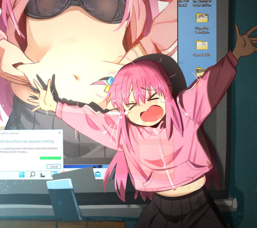 &gt;_&lt; 1girl absurdres arms_up belly_grab black_bra bocchi_the_rock! bra closed_eyes commentary computer facing_viewer gotoh_hitori highres indoors jacket khyle. laptop long_sleeves microsoft_windows midriff navel open_mouth outstretched_arms pink_jacket presentation_gone_wrong_(meme) stomach tears the_coffin_of_andy_and_leyley underwear windows_11
