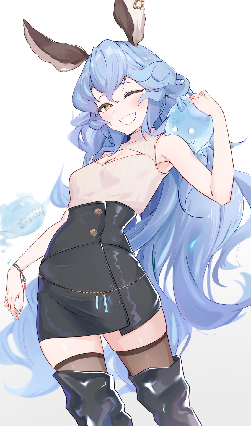 1girl absurdres animal_ears bare_shoulders blue_hair bracelet breasts cleavage_cutout clothing_cutout earrings erune ferry_(granblue_fantasy) fugee_(granblue_fantasy) granblue_fantasy highres hoop_earrings inuinuo_gataken jewelry leather leather_skirt long_hair nicola_(granblue_fantasy) rabbit_ears simple_background skirt small_breasts smile solo teeth thighhighs wavy_hair white_background yellow_eyes