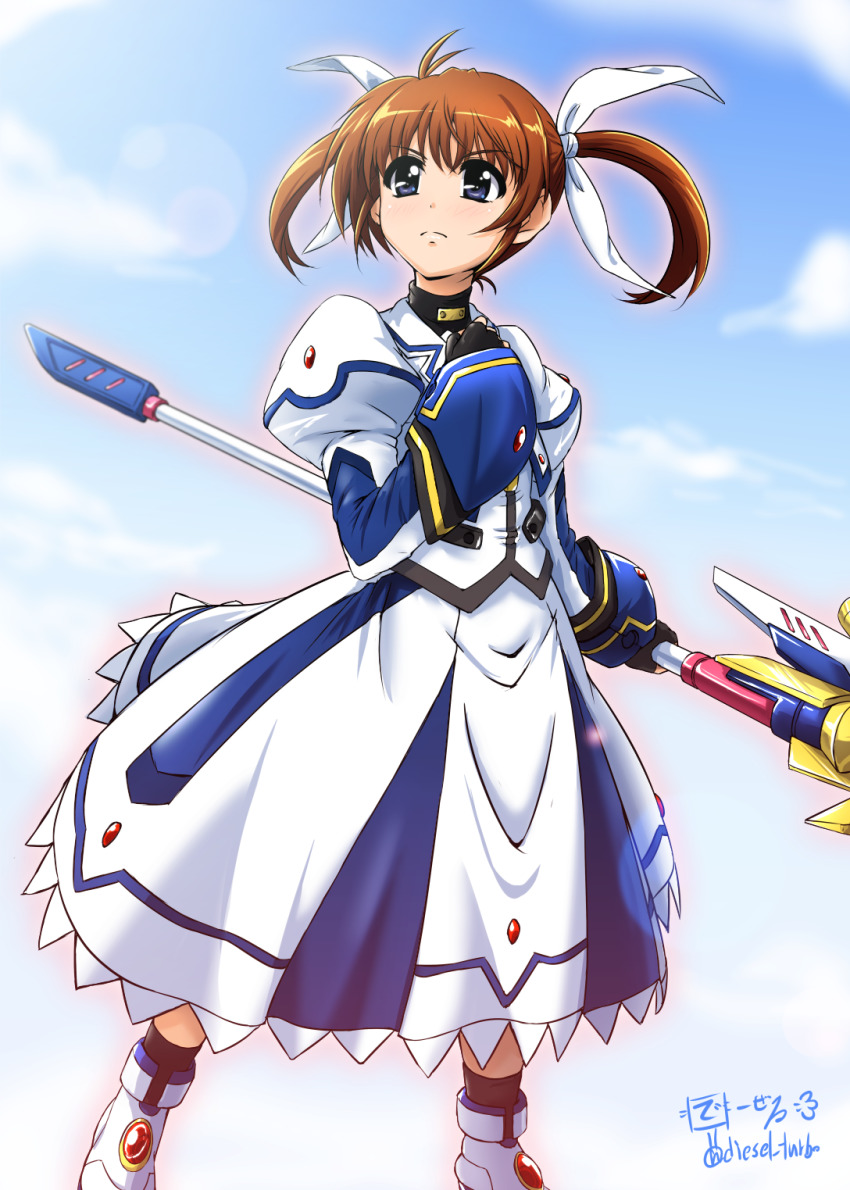 1girl ahoge artist_name black_gloves blue_eyes blush brown_hair closed_mouth diesel-turbo fingerless_gloves flying gloves hair_ornament hair_ribbon highres lyrical_nanoha magical_girl mahou_shoujo_lyrical_nanoha mahou_shoujo_lyrical_nanoha_a&#039;s raising_heart raising_heart_(device_mode)_(1st) red_eyes ribbon short_hair sky solo takamachi_nanoha takamachi_nanoha_(movie_1st_mode) twintails wand