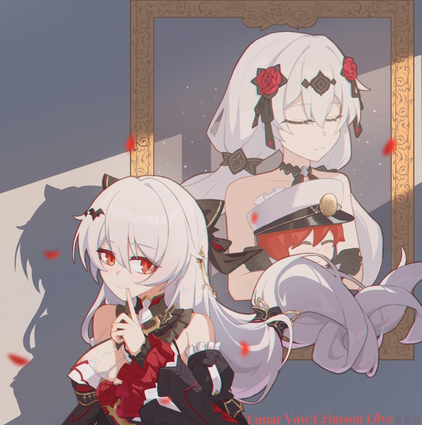1girl absurdres bare_shoulders black_dress black_sleeves captain_(honkai_impact) closed_eyes closed_mouth commentary_request detached_sleeves dress flower grey_hair hair_between_eyes hair_flower hair_ornament hat highres honkai_(series) honkai_impact_3rd hui_yu_yu_yu_ye juliet_sleeves long_sleeves peaked_cap petals picture_frame puffy_sleeves red_eyes red_flower red_rose rose smile solo theresa_apocalypse theresa_apocalypse_(luna_kindred) theresa_apocalypse_(lunar_vow:_crimson_love) white_hat wide_sleeves