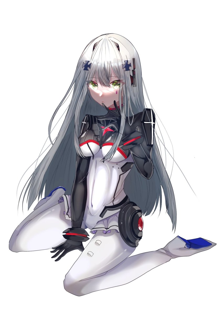 1girl between_legs black_bodysuit bodysuit breasts closed_mouth collarbone commentary_request cross_hair_ornament crossed_bangs facial_mark facial_tattoo finger_to_mouth finger_to_own_chin full_body girls&#039;_frontline gradient_hair green_eyes grey_hair hair_ornament hair_over_breasts hair_over_shoulder hand_between_legs hand_on_ground headgear high_heels highres hk416_(girls&#039;_frontline) hk416_(midnight_evangelion)_(girls&#039;_frontline) long_hair looking_at_viewer medium_breasts multicolored_bodysuit multicolored_hair outstretched_foot parted_bangs sidelocks sitting solo tattoo teardrop teardrop_facial_mark teardrop_tattoo very_long_hair wariza white_bodysuit white_hair yossi_art