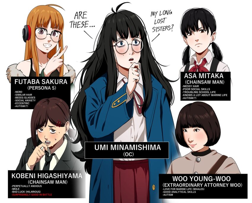 5girls asian bags_under_eyes blunt_bangs brown_coat brown_hair chainsaw_man character_profile coat english_text extraordinary_attorney_woo formal_clothes francisco_mon fusion glass higashiyama_kobeni jimiko messy_hair mitaka_asa multiple_girls necktie original persona persona_5 red_skirt round_eyewear sakura_futaba shirt skirt smile suit thinking twintails umi_(francisco_mon) white_shirt woo_young-woo