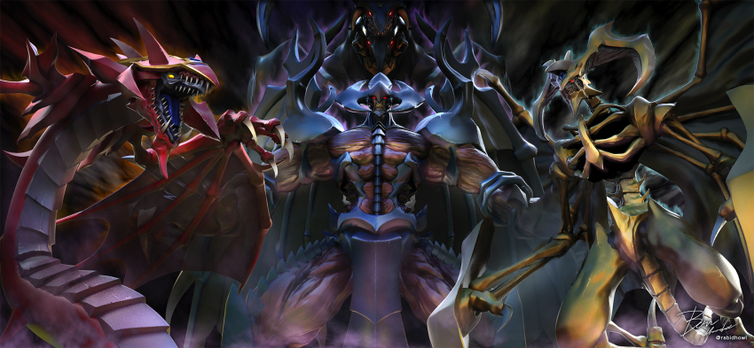 armityle_the_chaos_phantom aura black_background blue_skin colored_skin dark_aura dragon_wings fang glowing glowing_eyes hamon_lord_of_striking_thunder hanekura_bou highres horns muscular open_mouth raviel_lord_of_phantasms red_eyes red_skin scales sharp_teeth signature skeletal_arm spikes tail teeth twitter_username uria_lord_of_searing_flames wings yellow_eyes yellow_skin yu-gi-oh!
