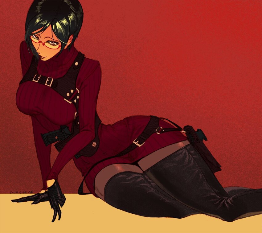1girl a_tai ada_wong black_hair dress glasses gun handgun highres holster multicolored_background orange_background pantyhose red-framed_eyewear red_dress red_sweater resident_evil resident_evil_4 solo sweater sweater_dress turtleneck turtleneck_dress two-tone_background weapon yellow_background