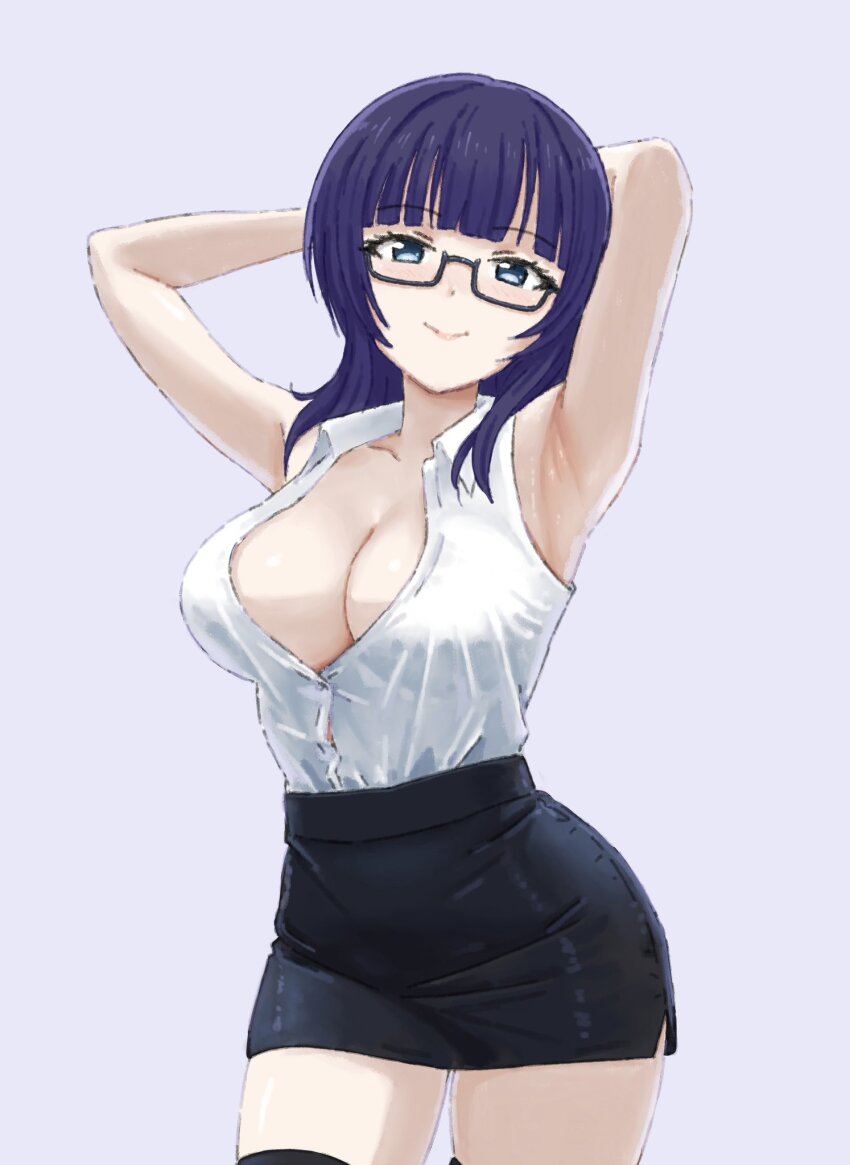 1girl armpits arms_behind_head arms_up asaka_karin blue_eyes blue_hair breasts commentary glasses highres large_breasts looking_at_viewer love_live! love_live!_nijigasaki_high_school_idol_club partially_open_shirt shizutered short_hair simple_background skirt smile symbol-only_commentary teacher