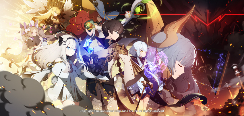 1boy 1other adrianne_(eversoul) aircraft airship angel angel_wings animal black_undershirt blonde_hair blue_eyes blue_hair brown_hair cane capelet closed_eyes clothing_cutout coat company_name copyright_notice curly_hair dress dust_cloud eversoul fighting_stance fire glasses green_eyes grey_eyes grey_hair hair_between_eyes hair_ornament hair_ribbon hairband hairclip hand_on_cane hat headdress helmet highres holding holding_animal holding_staff holding_weapon light long_hair long_sleeves looking_to_the_side magic_circle mephistopheles_(eversoul) multiple_girls naiah_(eversoul) official_art official_wallpaper pants promotional_art purple_eyes red_eyes red_hair ribbon savior_(eversoul) shoulder_cutout shoulder_pads sleeves_past_fingers sleeves_past_wrists spacecraft staff talia_(eversoul) turtleneck twintails two-tone_dress vivienne_(eversoul) weapon white_capelet white_coat white_dress white_hair white_pants wings witch_hat wristband yellow_eyes yuria_(eversoul)