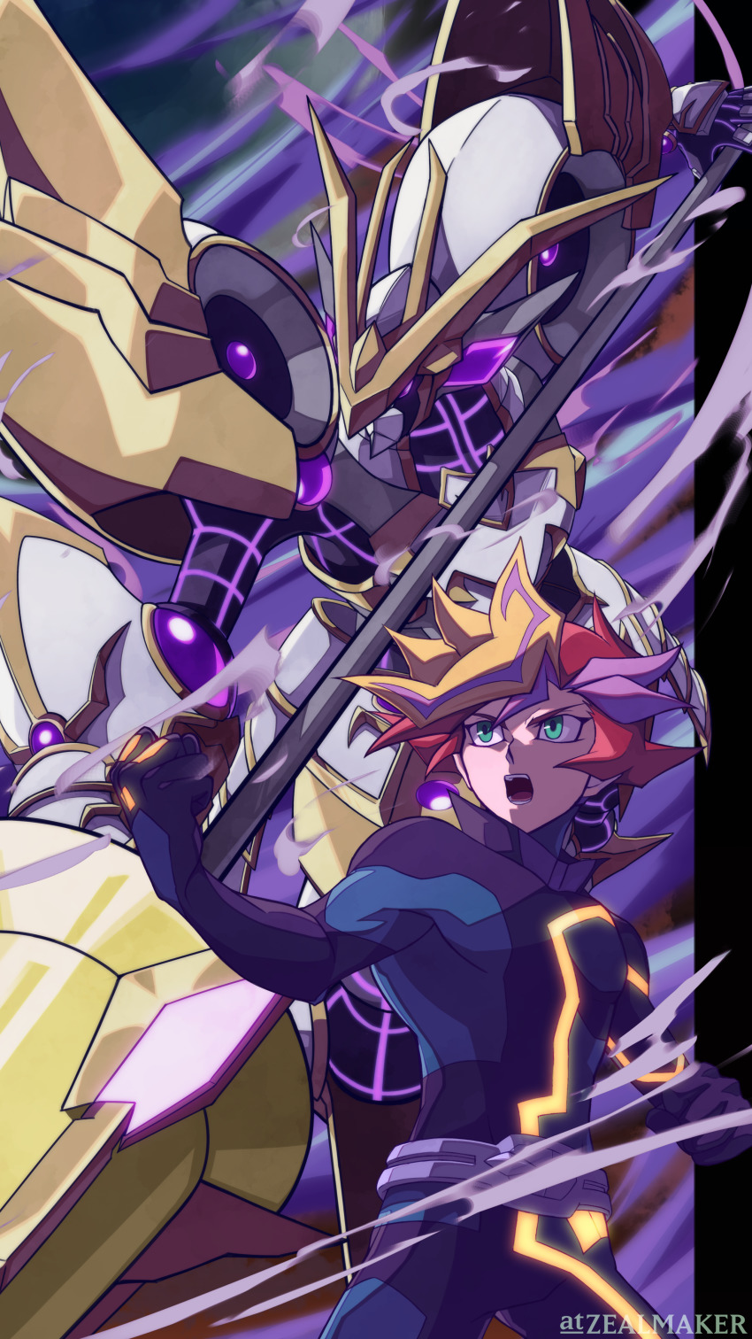 1boy absurdres accesscode_talker armor blonde_hair bodysuit duel_monster fujiki_yusaku green_eyes highres holding holding_polearm holding_weapon lance multicolored_hair open_mouth playmaker_(yu-gi-oh!) polearm purple_hair red_hair solo_focus streaked_hair twitter_username weapon yu-gi-oh! yu-gi-oh!_vrains zealmaker