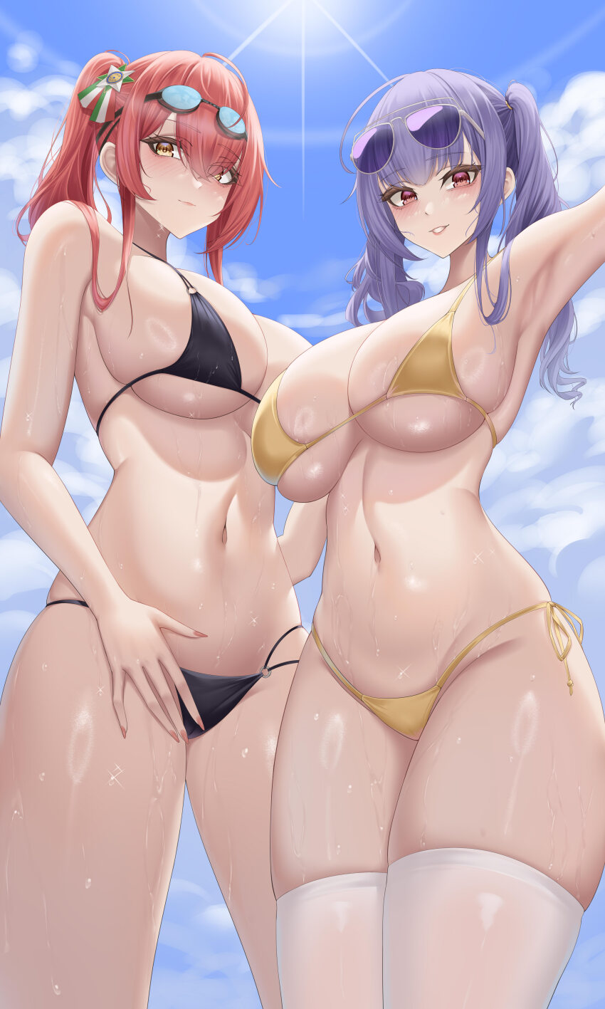 2girls absurdres ahoge azur_lane bikini black_bikini blue_sky breasts cleavage collarbone cowboy_shot day eyewear_on_head from_below goggles goggles_on_head hair_between_eyes highres huge_ahoge ichikushi_mojibake italian_flag large_breasts long_hair looking_at_viewer looking_down multi-strapped_bikini_bottom multiple_girls navel o-ring o-ring_bikini official_alternate_costume outdoors pola_(azur_lane) pola_(seaside_coincidence)_(azur_lane) pool_ladder purple-tinted_eyewear purple_hair red_eyes red_hair siblings side-tie_bikini_bottom side_ponytail sisters skindentation sky swimsuit thighhighs tinted_eyewear white_thighhighs yellow_bikini yellow_eyes zara_(azur_lane) zara_(poolside_coincidence)_(azur_lane)