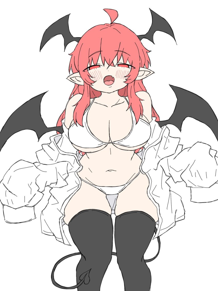 1girl :o ahoge black_thighhighs black_wings blush bra breasts cleavage commentary_request crossed_bangs demon_girl demon_tail demon_wings fang feet_out_of_frame fumomono hair_between_eyes half-closed_eyes head_wings highres koakuma large_breasts long_hair looking_at_viewer navel no_pants open_clothes open_mouth open_shirt panties pointy_ears red_hair shirt simple_background skin_fang sleeves_past_fingers sleeves_past_wrists solo tail thighhighs touhou underwear white_background white_bra white_panties white_shirt wings