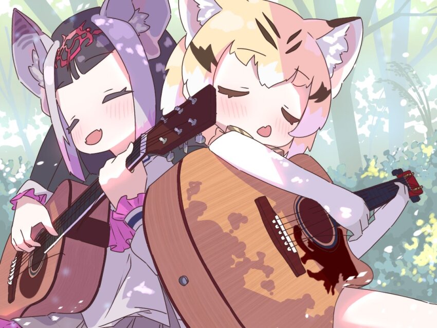 2girls animal_ears animal_print bat_ears bat_girl bat_wings blonde_hair blush bow bowtie brown_hair cat_ears cat_girl cat_print closed_eyes common_vampire_bat_(kemono_friends) elbow_gloves extra_ears fang fangs frilled_sleeves frills gloves guitar instrument kemono_friends long_sleeves multicolored_hair multiple_girls music open_mouth playing_instrument print_bow print_bowtie purple_eyes purple_shirt sand_cat_(kemono_friends) sarutori shirt short_hair sidelocks two-tone_hair white_hair wings