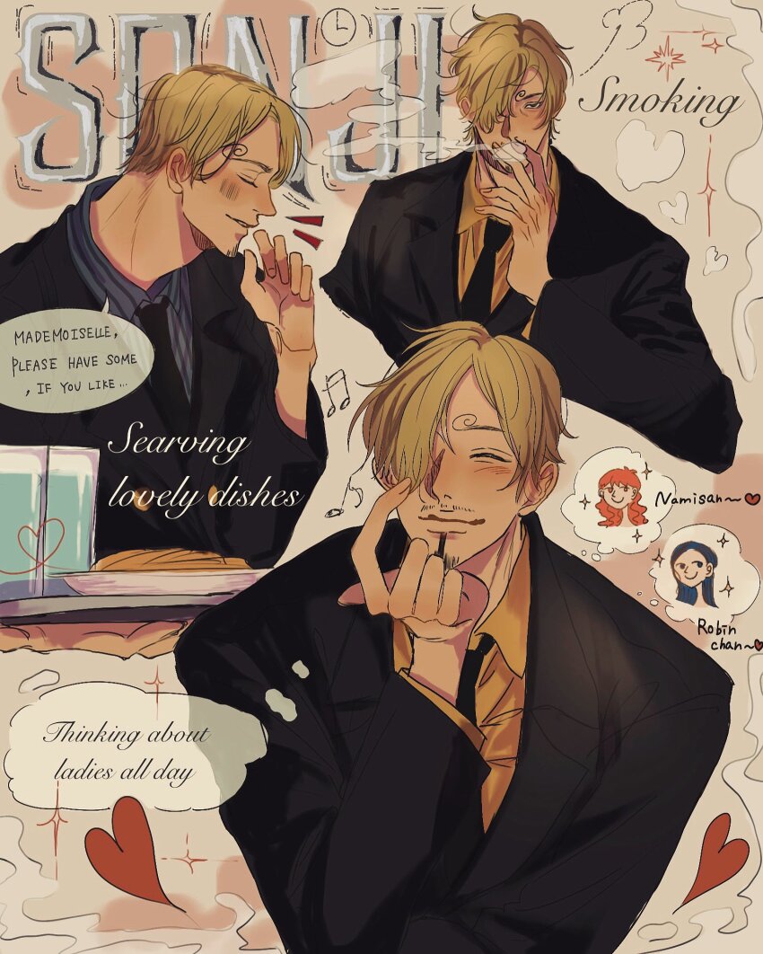1boy ^_^ blonde_hair blush character_name closed_eyes commentary commentary_request curly_eyebrows facial_hair formal_clothes goatee hair_over_one_eye heart highres male_focus multiple_views musical_note mustache nami_(one_piece) necktie nico_robin one_piece rihirihi613 sanji_(one_piece) shirt smoking speech_bubble suit thought_bubble yellow_shirt