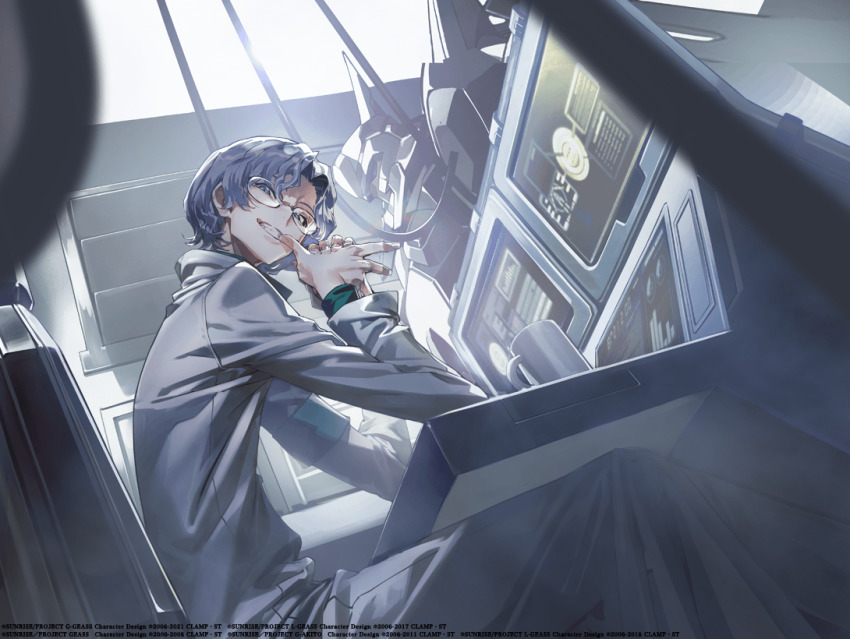 1boy artist_request black_pants cable code_geass code_geass:_genesic_re;code computer from_side glasses grey_eyes grey_hair head_tilt jacket knightmare_frame lancelot_(code_geass) lancelot_z-01 lloyd_asplund looking_at_viewer male_focus mecha official_art own_hands_together pants robot sitting smile solo_focus white_jacket