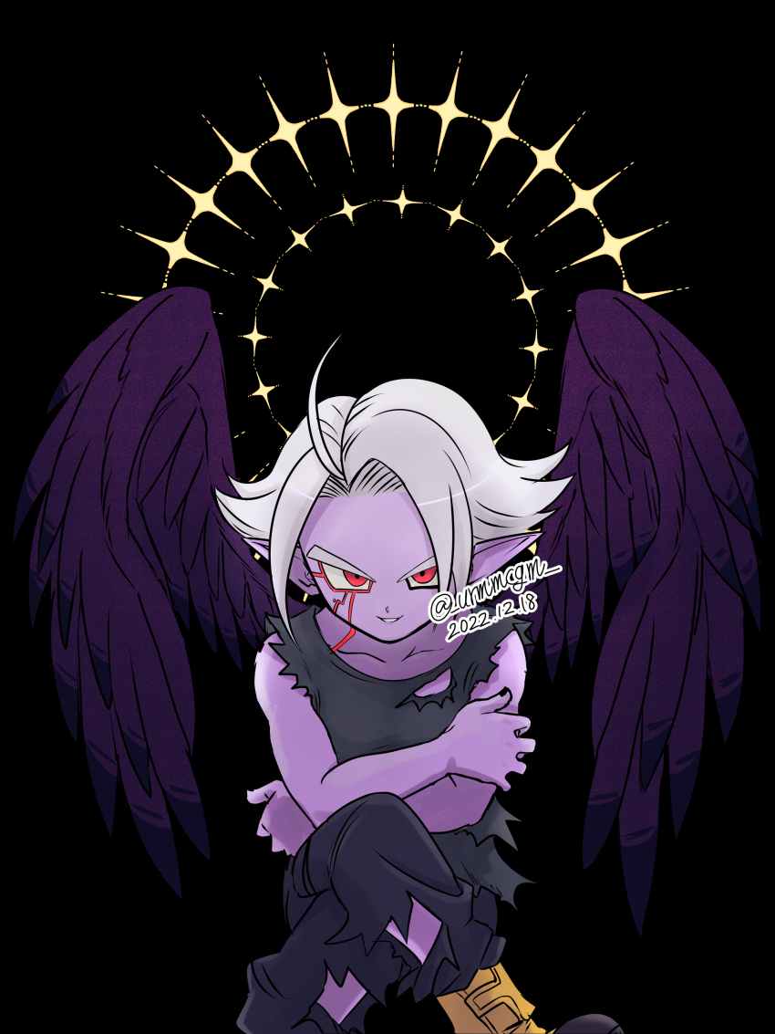 1boy absurdres black_nails black_wings child colored_skin commentary_request crossed_arms crossed_legs demon dragon_ball dragon_ball_heroes facial_mark feathered_wings fu_(dragon_ball) highres light_smile looking_at_viewer male_focus mochigome_(urmmcgm) multicolored_wings pointy_ears purple_skin purple_wings red_eyes short_hair torn_clothes twitter_username white_hair wings