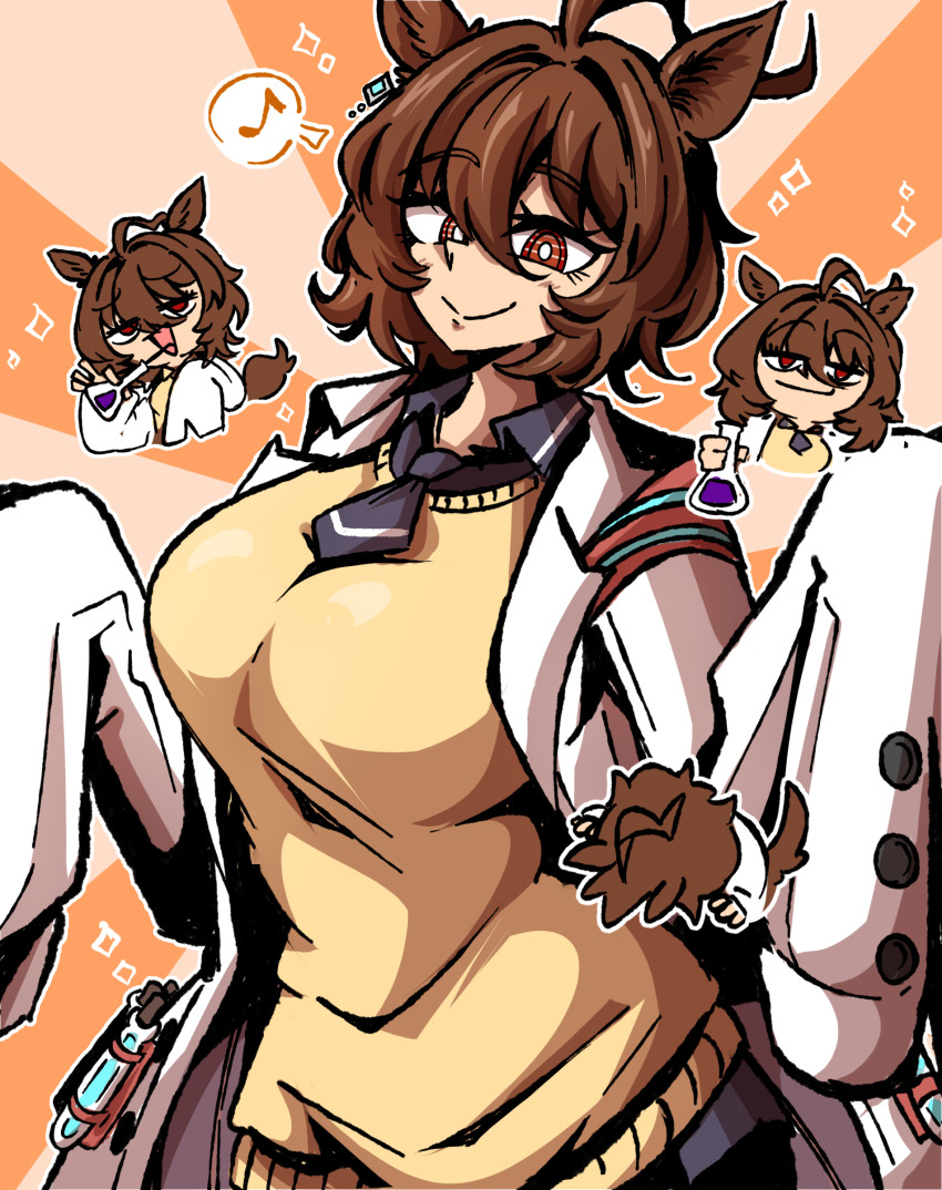 1girl absurdres agnes_tachyon_(umamusume) ahoge animal_ears ashy_(dankestsin) beaker breasts brown_hair earrings eyelashes highres holding_beaker horse_ears horse_girl horse_tail jewelry lab_coat large_breasts light_blush looking_at_viewer medium_hair musical_note necktie pantyhose red_eyes short_necktie single_earring sleeves_past_fingers sleeves_past_wrists smile sparkle sweater sweater_vest tail test_tube umamusume wolf_cut yellow_sweater yellow_sweater_vest