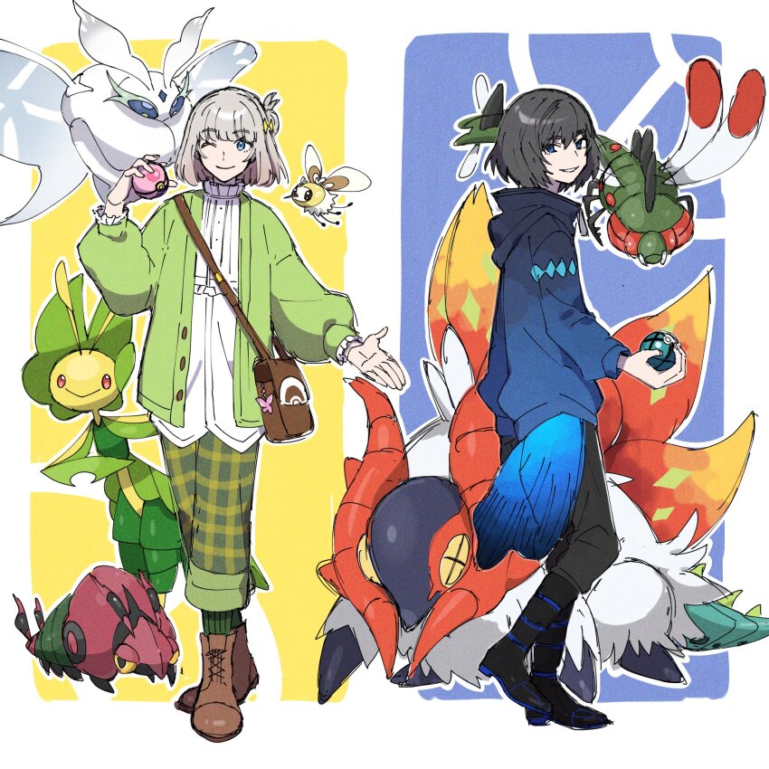 2boys alternate_costume bag black_footwear black_hair black_pants blue_eyes boots brown_footwear commentary_request crossover cutiefly dual_persona fate/grand_order fate_(series) frosmoth full_body gen_4_pokemon gen_5_pokemon gen_7_pokemon gen_8_pokemon grey_hair highres holding hood hood_down jacket leavanny long_sleeves male_focus multiple_boys net_ball nintendo oberon_(fate) oberon_(third_ascension)_(fate) ohana_(tarao38_sannma) one_eye_closed pants poke_ball poke_ball_(basic) pokemon pokemon_(creature) slither_wing standing venipede yanmega