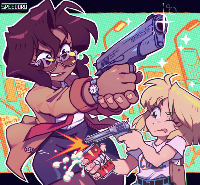 2girls beer_can blonde_hair breasts brown_hair can dark-skinned_female dark_skin drink_can duff_beer gun gunsmith_cats highres holding holding_gun holding_weapon lamppost medium_breasts minnie_may_hopkins multiple_girls necktie one_eye_closed outdoors rally_vincent speedoru sunglasses the_simpsons tongue tongue_out watch weapon wristwatch