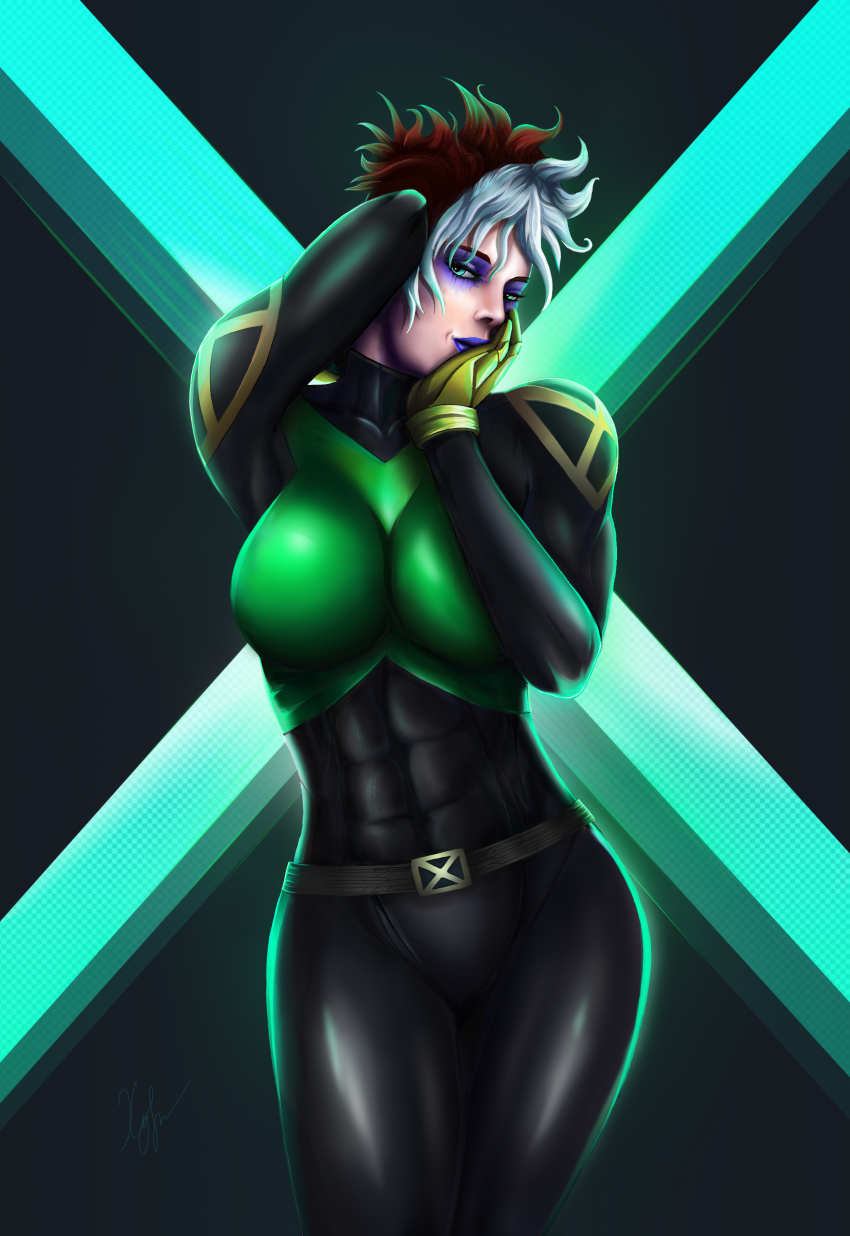 abs absurdres belt belt_buckle brown_hair buckle eyeliner gloves green_eyes hand_on_own_face highres ivan_khudoy latex looking_at_viewer makeup marvel multicolored_hair muscular muscular_female rogue_(x-men) short_hair simple_background smile solo standing thick_thighs thighs white_hair x-men x-men_evolution
