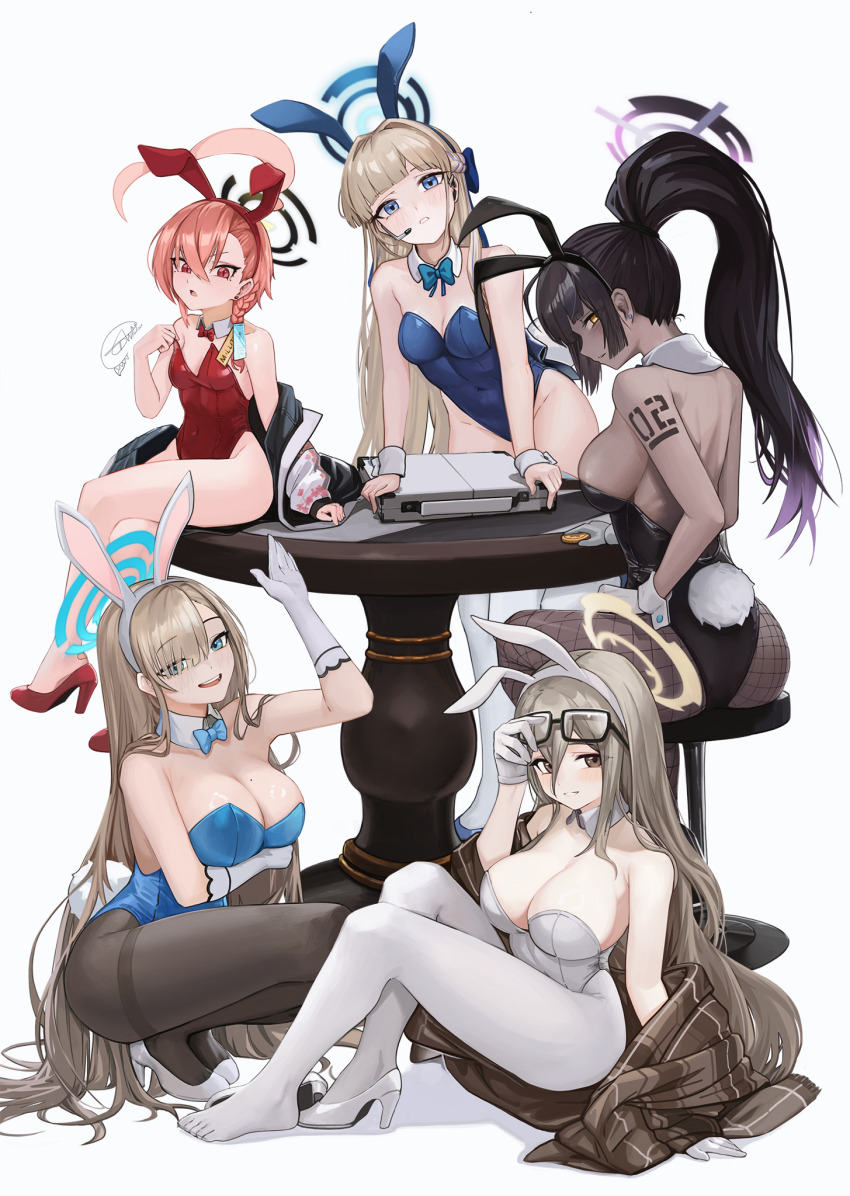5girls akane_(blue_archive) akane_(bunny)_(blue_archive) animal_ear_hairband animal_ears anizi arm_under_breasts artist_name asuna_(blue_archive) asuna_(bunny)_(blue_archive) backless_leotard bar_stool bare_shoulders black_hair black_hairband black_halo black_leotard blonde_hair blue_archive blue_bow blue_bowtie blue_eyes blue_hairband blue_halo blue_leotard blush bow bowtie braid breasts briefcase brown_eyes brown_pantyhose cleaning_&amp;_clearing_(blue_archive) cleavage closed_mouth clothes_down coin commentary covered_navel dark-skinned_female dark_skin detached_collar ear_piercing english_commentary eyewear_lift fake_animal_ears fake_tail fishnet_pantyhose fishnets glasses gloves gradient_hair hair_over_one_eye hair_spread_out hairband halo hand_up headset high_heels highleg highleg_leotard highres jacket karin_(blue_archive) karin_(bunny)_(blue_archive) large_breasts leaning_forward left_shoe_removed leotard long_hair looking_at_viewer looking_to_the_side medium_breasts mole mole_on_breast multicolored_hair multiple_girls nape neru_(blue_archive) neru_(bunny)_(blue_archive) number_tattoo official_alternate_costume on_floor on_stool on_table open_clothes open_jacket open_mouth orange_hair pantyhose parted_lips piercing playboy_bunny ponytail profile purple_hair purple_halo rabbit_ears rabbit_tail red_bow red_bowtie red_eyes red_hairband red_leotard round_table shoes shoulder_tattoo side_braid simple_background single_braid single_shoe sitting small_breasts smile squatting standing stool strapless strapless_leotard table tail tattoo teeth toki_(blue_archive) toki_(bunny)_(blue_archive) traditional_bowtie unworn_shoes upper_teeth_only very_long_hair white_background white_gloves white_hairband white_leotard white_pantyhose wooden_table wrist_cuffs yellow_eyes yellow_halo