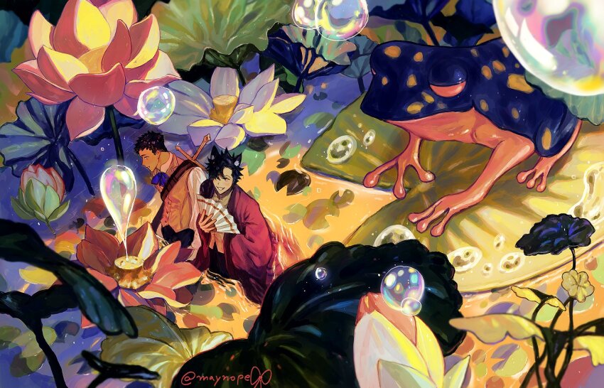 2boys animal_ears arm_up black_hair black_pants blue_neckerchief bubble buttons collared_shirt commentary english_commentary flower folding_fan frog from_above grin haikyuu!! hand_fan holding holding_fan kemonomimi_mode kuroo_tetsurou leaf lily_pad long_sleeves looking_to_the_side lotus male_focus maynope00 multiple_boys neckerchief pants partially_submerged pink_flower plant poison_dart_frog red_robe robe sawamura_daichi shirt short_hair sideways_glance smile sword sword_on_back teeth triangle_mouth twitter_username vest water water_drop weapon weapon_on_back white_flower white_lotus white_shirt yellow_vest