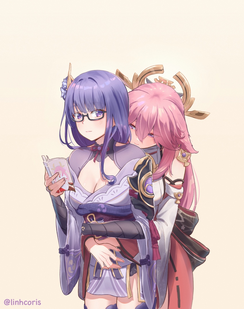 2girls absurdres book breasts cleavage genshin_impact glasses hair_ornament highres holding holding_book hug hug_from_behind large_breasts linhcoris long_hair long_sleeves multiple_girls pink_hair purple_eyes purple_hair raiden_shogun simple_background wide_sleeves yae_miko yuri