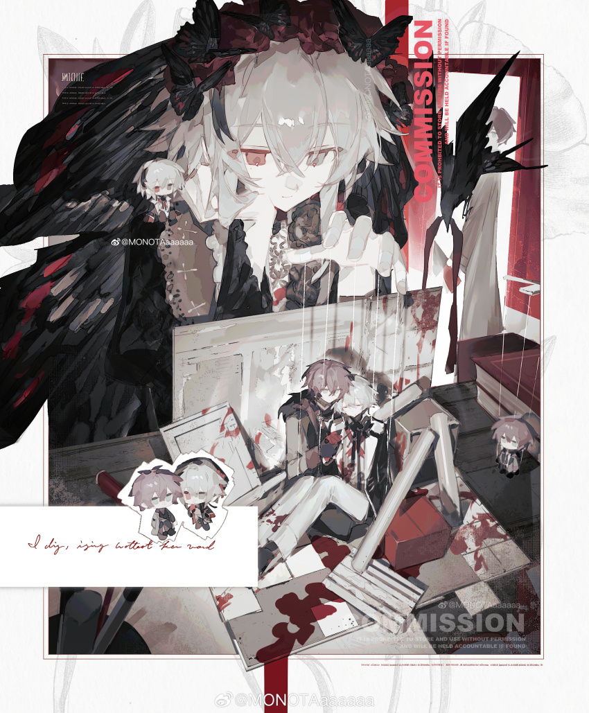 2boys absurdres animal_print antenna_hair bathroom bird black_coat black_shirt black_shoes black_veil blood blood_drip blood_splatter blue_eyes border brown_hair butterfly_print chibi chibi_on_shoulder chinese_commentary closed_mouth coat collared_coat commentary_request commission crossed_bangs crow desk doorway dress_pants dress_shoes full_body fur-trimmed_coat fur_trim grey_coat grey_eyes grey_hair hair_between_eyes hand_on_hand hand_on_own_cheek hand_on_own_face head_on_another&#039;s_shoulder heterochromia highres holding_hands indoors injury lace_shirt lapels leaning_on_person long_sleeves looking_at_another male_focus monota02 multiple_boys multiple_views notched_lapels on_floor open_clothes open_coat original outline outside_border outstretched_hand painting_(object) pale_skin pants picture_frame puppet_strings red_eyes sample_watermark scroll shirt shoes short_hair sitting smile tile_floor tiles veil watermark weibo_watermark white_border white_outline white_pants yaoi