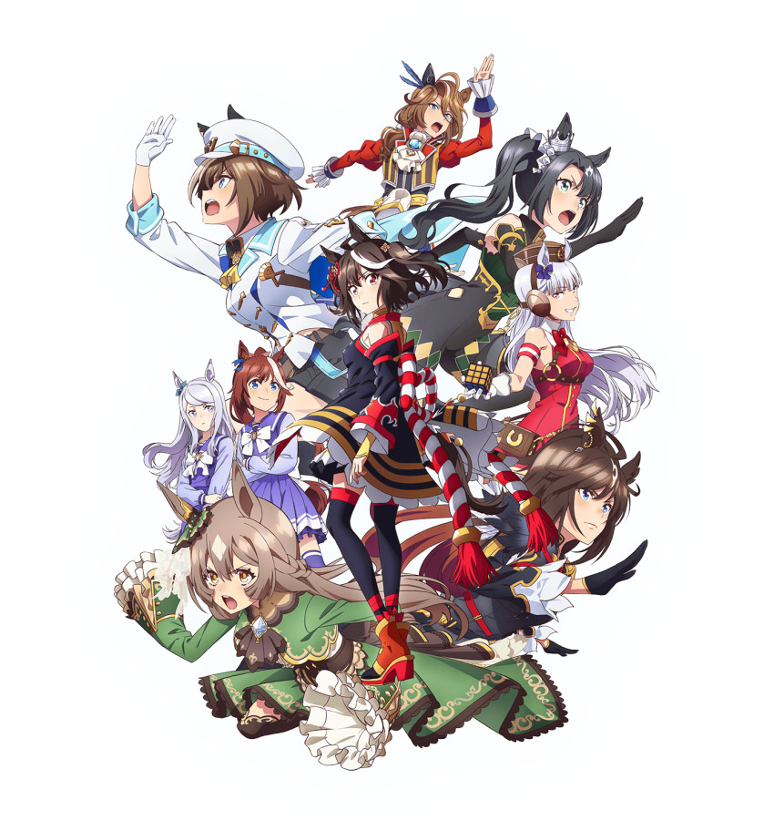 6+girls animal_ears black_thighhighs bow brown_hair cheval_grand_(umamusume) dress duramente_(umamusume) ear_ornament ear_ribbon gold_ship_(umamusume) hat highres horse_ears horse_girl horse_tail key_visual kitasan_black_(umamusume) long_sleeves mejiro_mcqueen_(umamusume) multicolored_hair multiple_girls official_art promotional_art red_dress satono_crown_(umamusume) satono_diamond_(umamusume) school_uniform sleeveless sleeveless_dress sleeves_past_fingers sleeves_past_wrists sounds_of_earth_(umamusume) spoilers streaked_hair studio_kai tail thighhighs tokai_teio_(umamusume) tracen_school_uniform transparent_background umamusume umamusume_(anime)