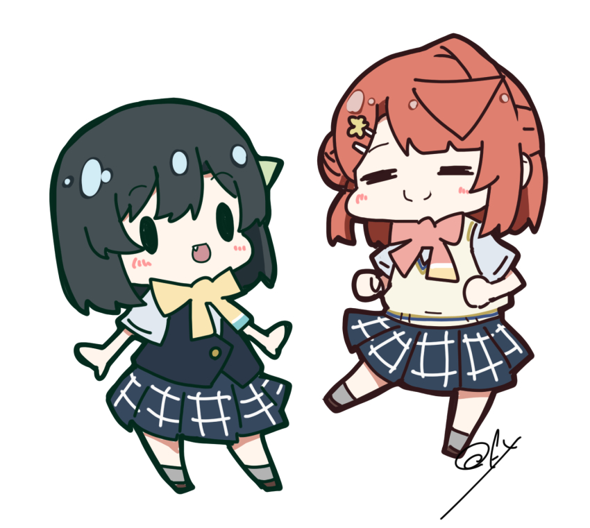 2girls :d =_= black_hair blue_shirt blue_skirt blunt_bangs bob_cut brown_shoes c: chibi chibi_only closed_eyes closed_mouth commentary fang flower_hairpin full_body grey_socks hair_bun hair_ornament hairclip half_updo highres love_live! love_live!_nijigasaki_high_school_idol_club medium_hair mifune_shioriko miniskirt multiple_girls oofushi_ao open_mouth orange_hair parallel_hairclips plaid_clothes plaid_skirt pleated_skirt shirt shoes short_sleeves signature simple_background single_side_bun skirt smile socks solid_oval_eyes split_mouth summer_uniform sweater_vest uehara_ayumu white_background yellow_sweater_vest