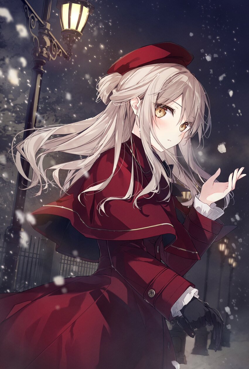 1girl black_bow black_bowtie black_gloves bow bowtie brown_hair capelet closed_mouth dress expressionless floating_hair gloves hair_between_eyes hand_up hat highres holding holding_unworn_clothes holding_gloves holding_unworn_clothes long_hair long_sleeves looking_at_viewer mochizuki_shiina night original outdoors red_capelet red_dress red_headwear sidelocks single_glove unworn_gloves winter_clothes yellow_eyes