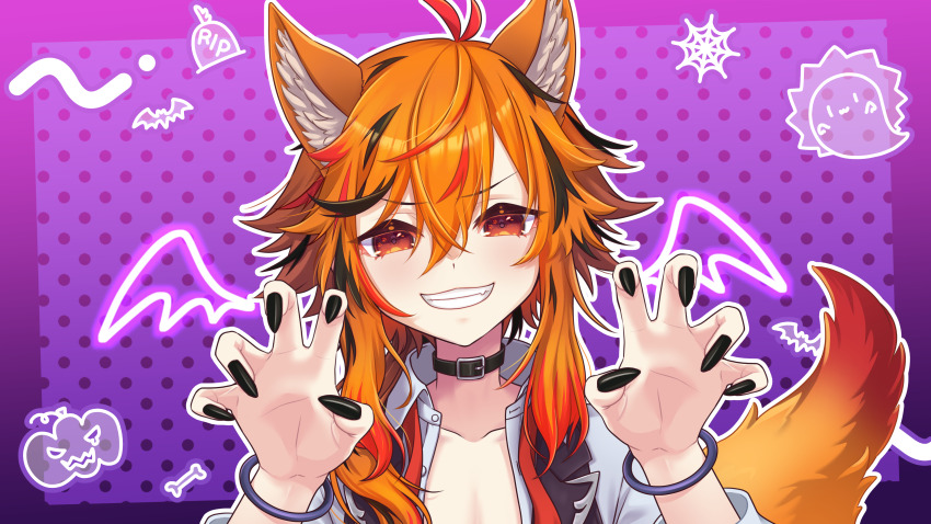 1girl absurdres animal_ears belt belt_collar black_belt black_hair black_nails black_vest bracelet claw_pose collar collarbone fingernails fox_ears fox_girl fox_tail grin hair_between_eyes highres jewelry kazami_kuku kemonomimi_mode large_variant_set long_bangs long_fingernails long_hair looking_at_viewer multicolored_hair nanashi_inc. open_clothes open_shirt open_vest orange_eyes orange_hair red_hair reona_kfc02 sharp_fingernails shirt smile solo tail upper_body v-shaped_eyebrows variant_set vest virtual_youtuber white_shirt
