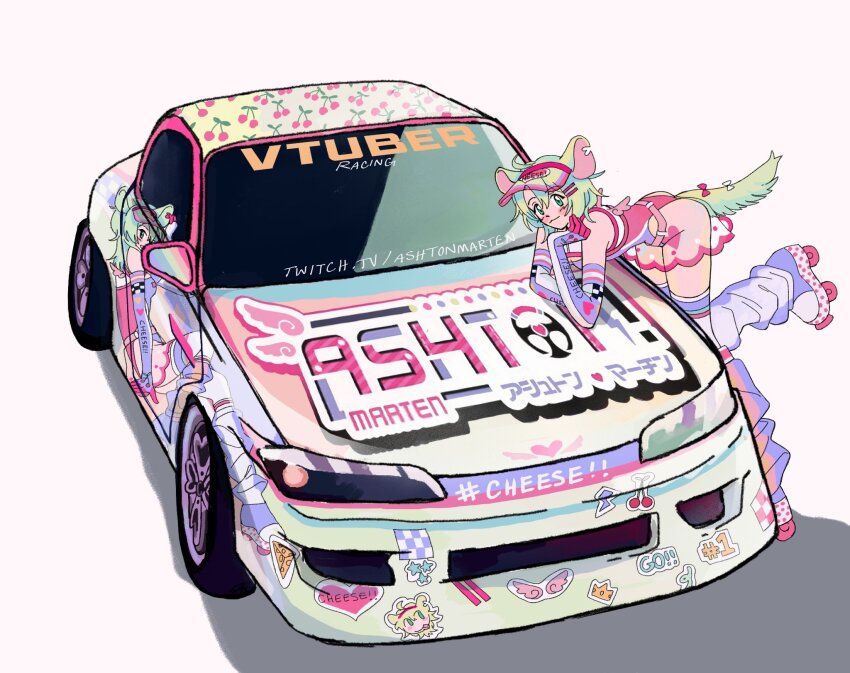 1girl ashton_marten_(vtuber) blush car character_name cherry_print chinchilla_ears chinchilla_girl chinchilla_tail corduroy_(cordrawroy) elbow_gloves food_print fruit_print gloves green_eyes hair_between_eyes hand_on_own_chin heart highres indie_virtual_youtuber leotard looking_at_viewer motor_vehicle nissan nissan_silvia nissan_silvia_s15 pink_leotard pink_skirt purple_footwear race_queen roller_skates see-through_clothes see-through_skirt skates skirt smile solo sticker vehicle_focus virtual_youtuber visor_cap watermark web_address white_background
