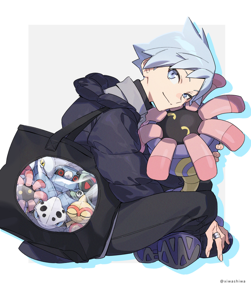 1boy aged_down anorith baltoy black_bag black_pants coat commentary_request gen_2_pokemon gen_3_pokemon grey_eyes grey_hair head_down highres holding holding_pokemon jewelry lairon lileep looking_at_viewer male_focus metang nintendo pants pokemon pokemon_(creature) pokemon_rse ring shoes sitting skarmory smile steven_stone xia_(ryugo)