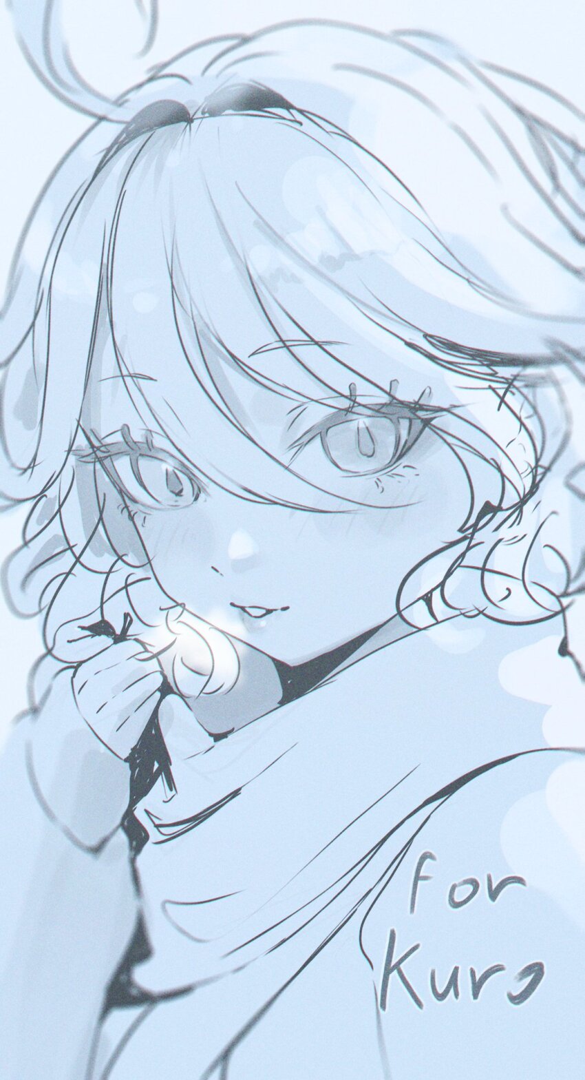 1girl ahoge breath furina_(genshin_impact) genshin_impact heavy_breathing highres lineart monochrome parted_lips samlooop scarf simple_background sketch solo winter