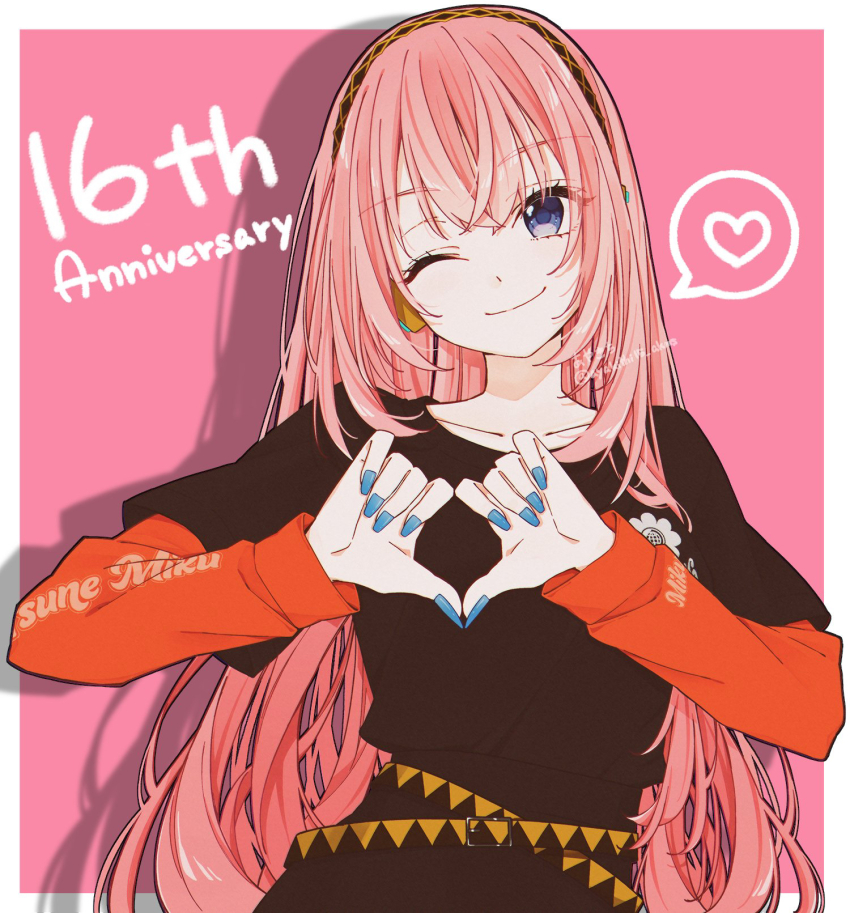 1girl anniversary belt blue_eyes commentary_request crossed_belts headphones heart highres layered_sleeves long_hair long_sleeves megurine_luka mssp1015 multiple_belts nail_polish one_eye_closed pink_hair shirt shirt_tucked_in short_over_long_sleeves short_sleeves smile solo spoken_heart t-shirt vocaloid