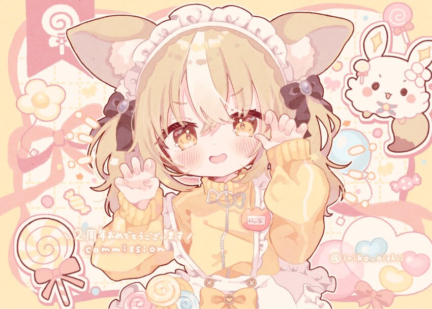 1girl :d amemochi_nina animal_ear_fluff animal_ears anniversary apron blonde_hair blush border bow brown_bow candy claw_pose commentary_request food fox_ears fox_girl frilled_apron frills grid_background hair_bow hands_up highres jacket jersey_maid kamizakana_iriko lollipop long_hair long_sleeves looking_at_viewer maid maid_headdress name_tag open_mouth outside_border smile solo swirl_lollipop track_jacket twitter_username unconventional_maid upper_body varium virtual_youtuber white_apron white_background yellow_border yellow_eyes yellow_jacket