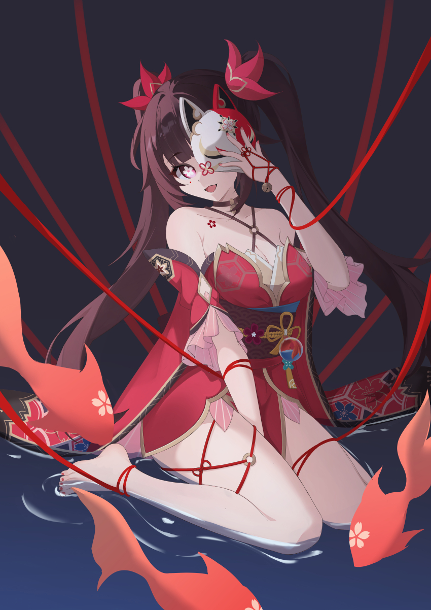 1girl absurdres bare_legs bare_shoulders barefoot between_legs blue_background breasts bright_pupils brown_hair circle_facial_mark commentary criss-cross_halter detached_sleeves dress feet flower-shaped_pupils hair_ribbon halterneck hand_between_legs highres holding holding_mask honkai:_star_rail honkai_(series) japanese_clothes koi kurosti legs long_hair looking_at_viewer mark_under_eye mask medium_breasts open_mouth red_dress red_eyes red_ribbon red_sash red_sleeves ribbon sash short_sleeves sitting sitting_on_water smile solo sparkle_(honkai:_star_rail) symbol-shaped_pupils toes twintails wariza white_pupils