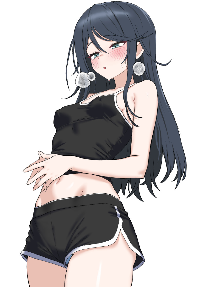 1girl absurdres armpit_crease bare_arms bare_shoulders black_hair black_shirt black_shorts blue_eyes blush breasts camisole covered_erect_nipples cowboy_shot crop_top dolphin_shorts heavy_breathing highres hoshino_ichika_(project_sekai) long_hair looking_down midriff navel no_bra oldsickkim parted_lips project_sekai shirt short_shorts shorts simple_background sleeveless sleeveless_shirt small_breasts solo steepled_fingers stomach swept_bangs white_background