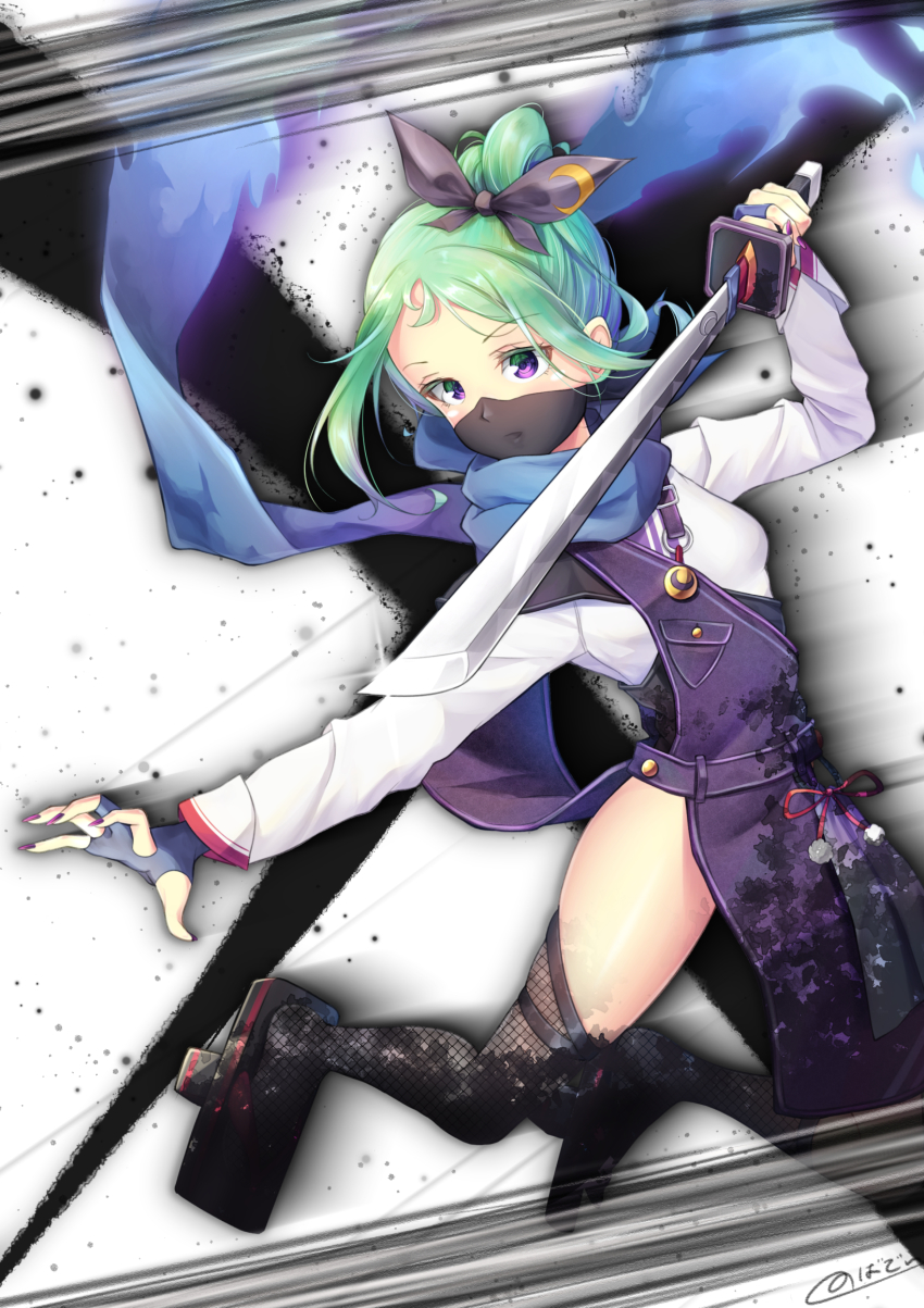 1girl akizora_mina bow breasts denim female_focus fingerless_gloves fingernails gloves hair_bow hair_bun highres long_fingernails mask ninja novady original purple_eyes scarf shiny_skin short_hair single_hair_bun solo sword thighhighs weapon