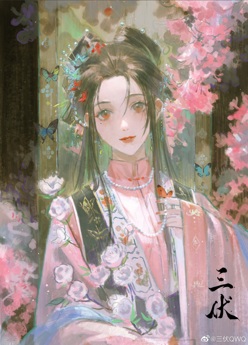 1girl absurdres bead_necklace beads black_shawl blue_butterfly branch brown_hair bug butterfly butterfly_on_hand cherry_blossoms chinese_clothes colored_inner_hair doorway double_bun earrings eyeliner flower green_hair hair_beads hair_bun hair_ornament hanfu happy highres holding holding_branch insect jewelry light_blush light_particles lipstick long_hair long_sleeves makeup making-of_available mandarin_collar mole mole_under_eye multicolored_hair nail_polish necklace orange_butterfly original parted_lips pink_flower pink_hanfu red_eyeliner red_eyes red_lips red_nails sanfu_qwq shade shawl sidelocks signature smile solo straight_hair upper_body watermark weibo_watermark wide_sleeves