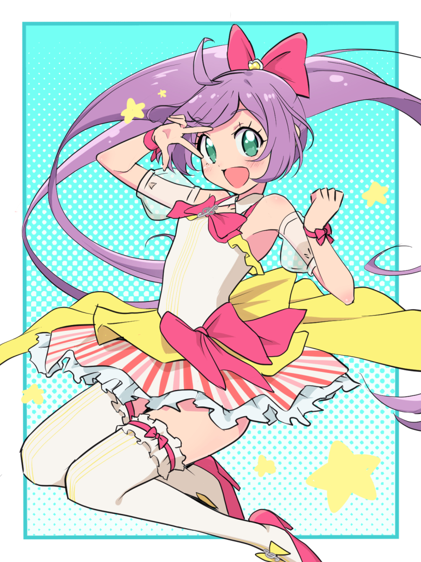 1girl :d ahoge border bow cbgb detached_sleeves dress frilled_thighhighs frills full_body green_eyes hair_bow high_heels highres idol_clothes long_hair looking_at_viewer manaka_laala multicolored_dress open_mouth outside_border pink_bow pink_shoes pretty_series pripara puffy_detached_sleeves puffy_sleeves purple_hair shoes smile solo star_(symbol) thighhighs twintails very_long_hair w w_over_eye white_border white_thighhighs