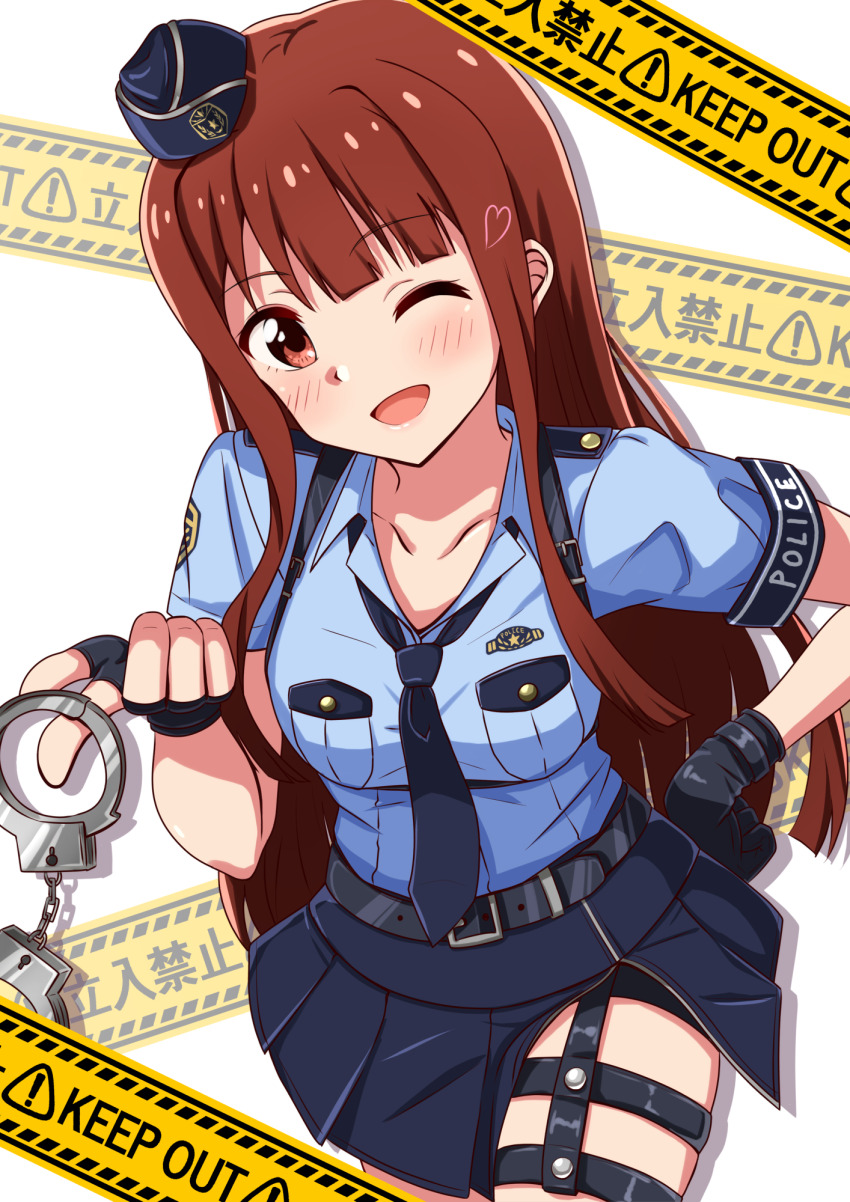 1girl :d armband belt belt_buckle black_belt black_gloves black_shorts blue_armband blue_hat blue_necktie blue_shirt blue_skirt blunt_bangs blush breast_pocket breasts buckle caution_tape chest_harness collarbone collared_shirt concept_police_(idolmaster) cowboy_shot cuffs dot_nose emblem fingerless_gloves garrison_cap garter_straps gloves hair_over_shoulder hand_on_own_hip hand_up handcuffs harness hat heart highres idolmaster idolmaster_million_live! idolmaster_million_live!_theater_days keep_out long_hair looking_at_viewer mimiu_p mini_hat necktie official_alternate_costume one_eye_closed open_mouth pleated_skirt pocket police police_badge police_uniform policewoman red_eyes red_hair shirt short_shorts short_sleeves shorts shoulder_boards side_slit sidelocks skirt small_breasts smile solo straight_hair tanaka_kotoha thigh_strap tilted_headwear white_background zipper_pull_tab zipper_skirt