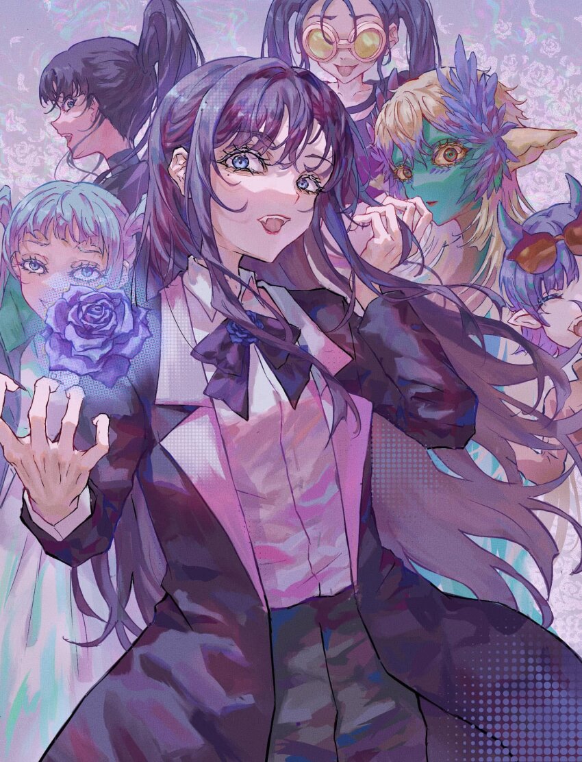6+girls 832_krab ^_^ ado_(utaite) aqua_skin ashura-chan ashura-chan_(character) black_coat black_hair black_pants blue_eyes blue_flower blue_hair blue_rose blush brooch chando_(ado) closed_eyes coat collared_shirt colored_skin commentary dress_shirt elf elf_(ado) eyewear_on_head fangs flower flower_brooch hashtag-only_commentary highres long_hair long_sleeves mole mole_under_eye multiple_girls naima_(ado) odo-chan_(ado) odo_(song) open_clothes open_coat open_mouth pants pointy_ears ponytail rose rule-chan_(ado) rule_(ado) shirt sidelocks sunglasses teeth tinted_eyewear tongue tongue_out twintails upper_teeth_only usseewa utaite white_shirt yellow-tinted_eyewear