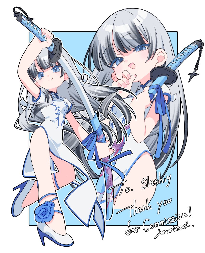 1girl absurdres artist_name blue_eyes blue_flower blue_rose blush breasts china_dress chinese_clothes commentary_request commission deformed dress floral_print flower high_heels highres holding holding_sword holding_weapon iromimori katana looking_at_viewer multicolored_shoes multiple_views original pink_nails rose sheath side_slit skeb_commission smile standing standing_on_one_leg sword two-tone_dress two-tone_shoes unsheathing weapon white_dress white_hair