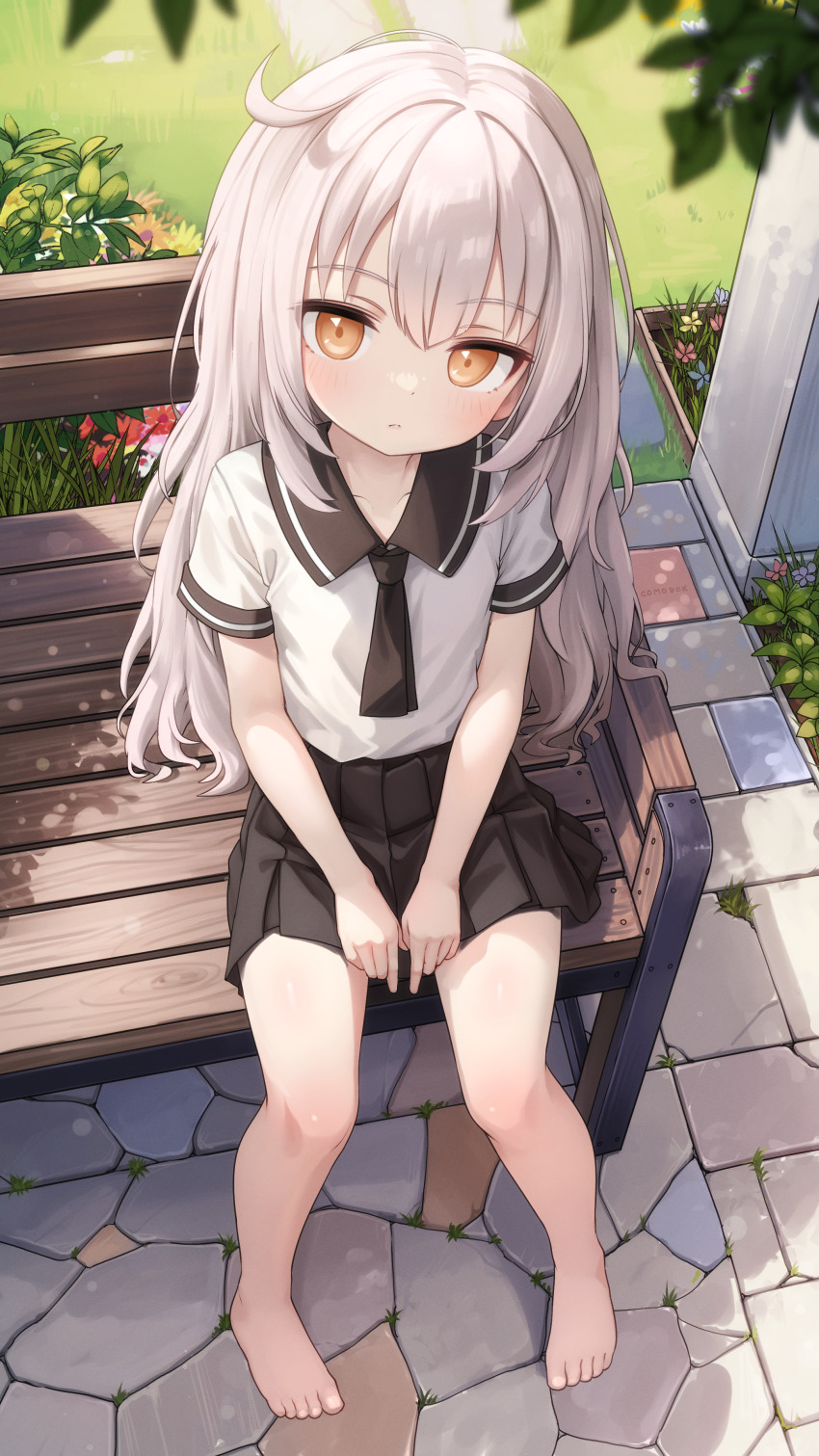 1girl absurdres barefoot bench black_shoes black_skirt closed_mouth commentary comodox english_commentary from_above highres la_aong_(comodox) long_hair looking_at_viewer mary_janes miniskirt orange_eyes original outdoors paid_reward_available park_bench pleated_skirt shirt shoes short_sleeves sitting skirt solo toes variant_set white_hair white_shirt