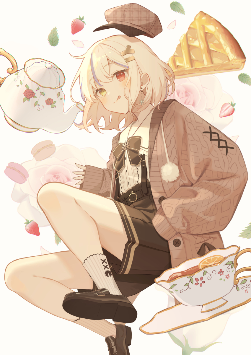 1girl absurdres amai_melo black_shoes black_skirt blonde_hair bow bowtie collared_shirt commentary cup ear_piercing flower food fruit grey_hair hair_between_eyes hair_ornament hairpin highres jacket lemon lemon_slice long_sleeves looking_at_viewer multicolored_eyes open_clothes open_jacket original pie pie_slice piercing pleated_skirt red_eyes rose shirt shoes short_hair simple_background skirt sleeves_past_fingers sleeves_past_wrists solo strawberry symbol-only_commentary teacup teapot tongue tongue_out white_shirt