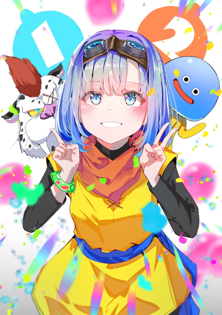1girl 2others absurdres balloon blue_eyes blue_sash blunt_bangs blurry blurry_background bracelet chome_(dq10) colored_sclera commentary_request confetti cowboy_shot cross_scar dragon_quest dragon_quest_x goggles goggles_on_head great_sabrecat grin healslime highres index_finger_raised jewelry looking_up multiple_others neckerchief orange_neckerchief outofthehold sash scar scar_across_eye scar_on_face seraphy_(dq10) short_hair smile spotted_fur tunic v white_background yellow_sclera yellow_tunic