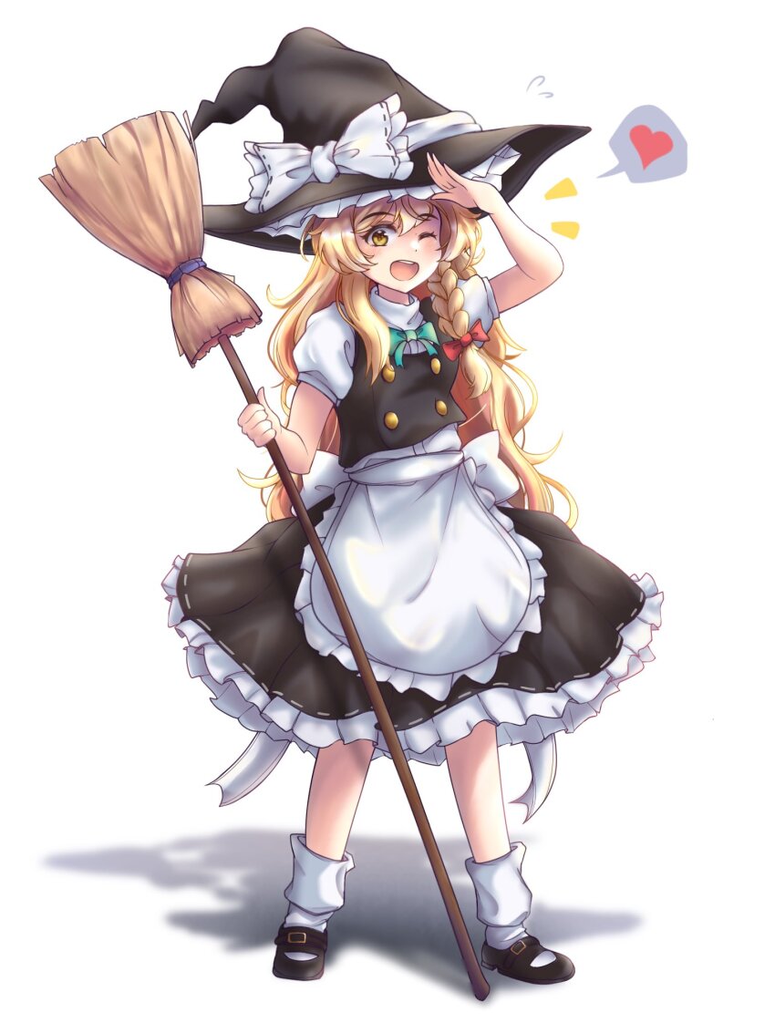 1girl black_hat black_vest blonde_hair bow braid collared_shirt cropped_torso fang frilled_hat frills h3p0 hair_between_eyes hand_up hat hat_bow highres kirisame_marisa looking_at_viewer medium_hair open_mouth puffy_short_sleeves puffy_sleeves shirt short_sleeves side_braid simple_background single_braid smile solo touhou upper_body v vest white_background white_bow white_shirt witch_hat yellow_eyes