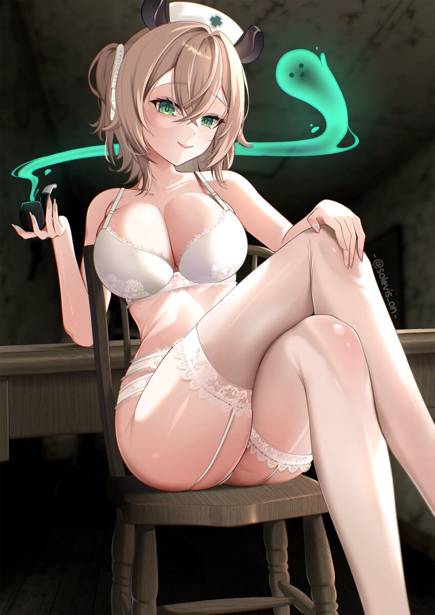 1girl absurdres animal_ears ass bra breasts brown_hair chair cleavage collarbone commentary crossed_bangs crossed_legs fine_fabric_emphasis fingernails garter_belt garter_straps green_eyes hair_between_eyes hat highres holding holding_smoking_pipe indie_virtual_youtuber lace lace-trimmed_bra lace-trimmed_thighhighs lace_garter_belt lace_panties lace_trim large_breasts light_smile lingerie lips looking_at_viewer medium_hair naplings_(nimi_nightmare) nimi_nightmare nurse_cap on_chair one_side_up panties sitting smoking_pipe solevisionarts solo strap_gap tapir_ears tapir_girl thighhighs underwear underwear_only virtual_youtuber white_bra white_garter_belt white_garter_straps white_panties white_thighhighs wooden_chair