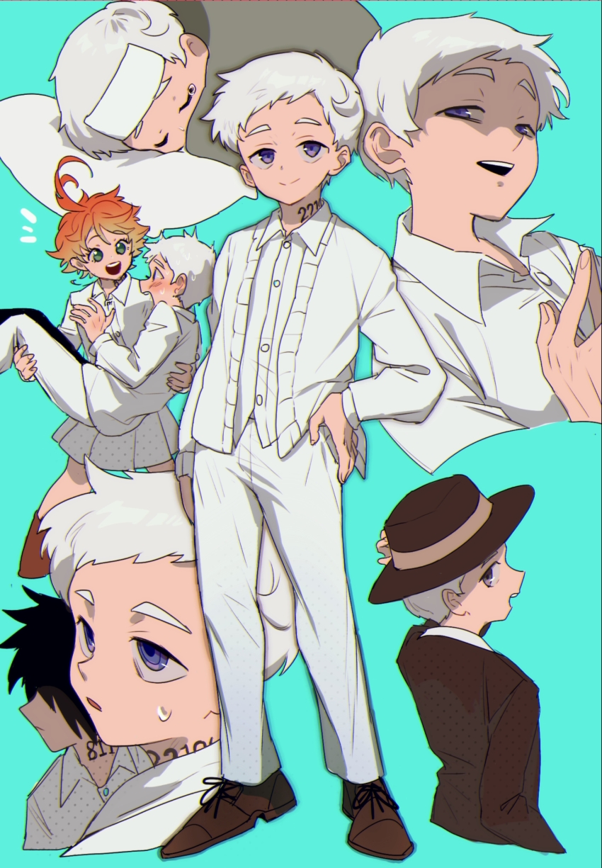 1girl 2boys black_hat black_jacket blue_background blush carrying collared_shirt embarrassed emma_(yakusoku_no_neverland) green_eyes hat highres jacket long_sleeves multiple_boys neck_tattoo norman_(yakusoku_no_neverland) number_tattoo orange_hair pants princess_carry purple_eyes qin_(7833198) ray_(yakusoku_no_neverland) shirt simple_background sleeping tattoo white_hair white_jacket white_pants yakusoku_no_neverland