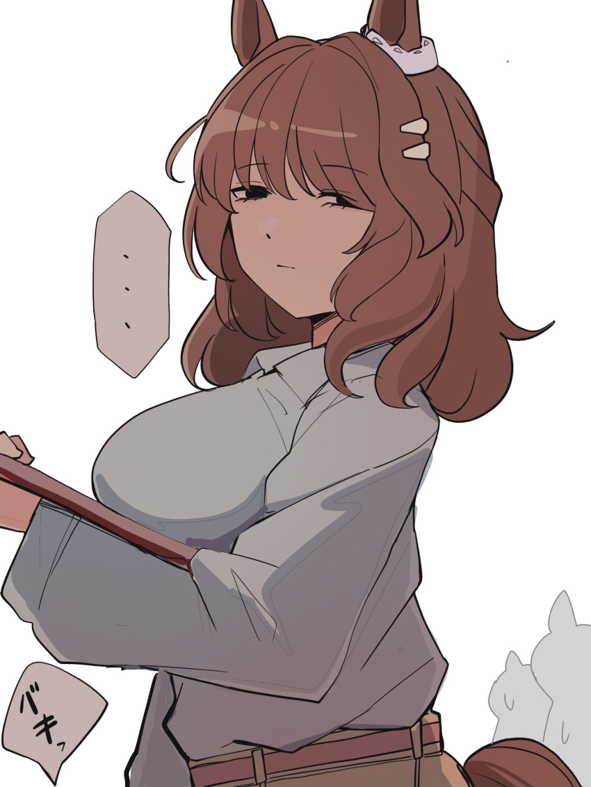 ... animal_ears black_eyes breasts brown_hair brown_pants character_request clipboard closed_mouth collared_shirt ear_ornament expressionless hair_ornament hairclip highres holding holding_clipboard horse_ears horse_girl horse_tail huge_breasts kawamochi_(tddm3573) long_sleeves looking_at_viewer medium_hair pants shirt shirt_tucked_in simple_background spoken_ellipsis tail umamusume white_background white_shirt